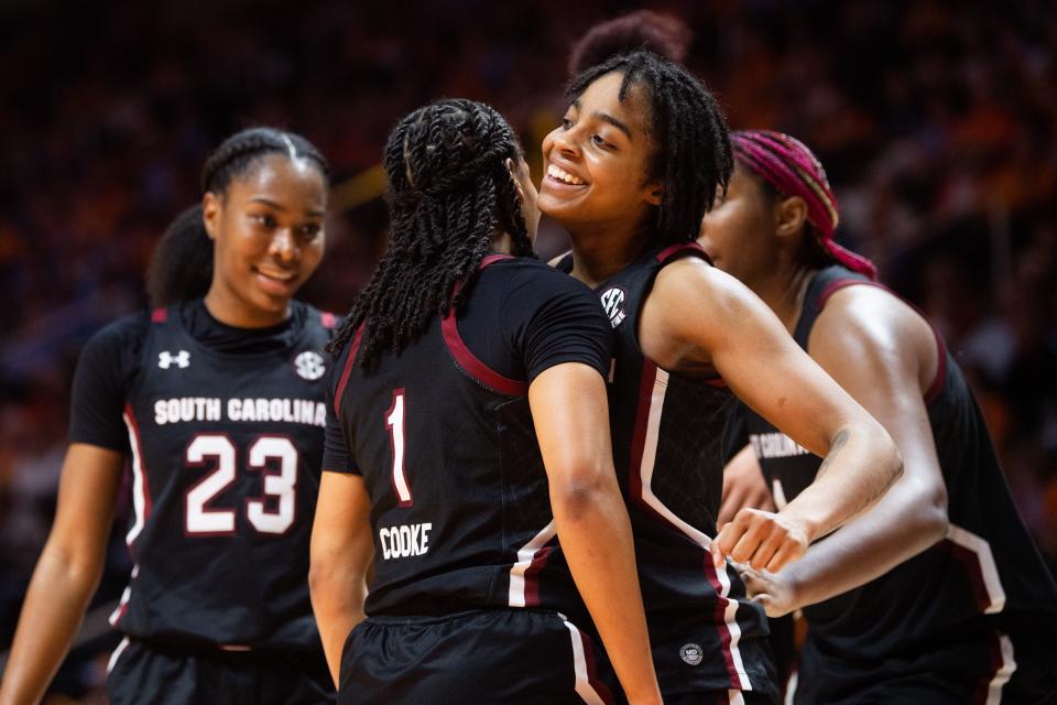 South Carolina guard Kierra Fletcher (41) celebrates with teammates after being fouled during a NCAA college basketball game between the Tennessee Lady Vols and the South Carolina Gamecocks at Thompson-Boling Arena in Knoxville, Tenn. on Thursday, February 23, 2023. 