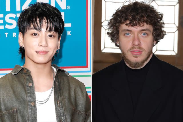 <p>Rob Kim/Getty, Pierre Suu/Getty </p> Jungkook; Jack Harlow