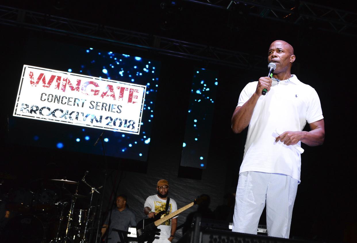 Brooklyn Borough President Eric Adams is pictured on stage at the Wingate Concert Series Old School Hip Hop Night in 2018.