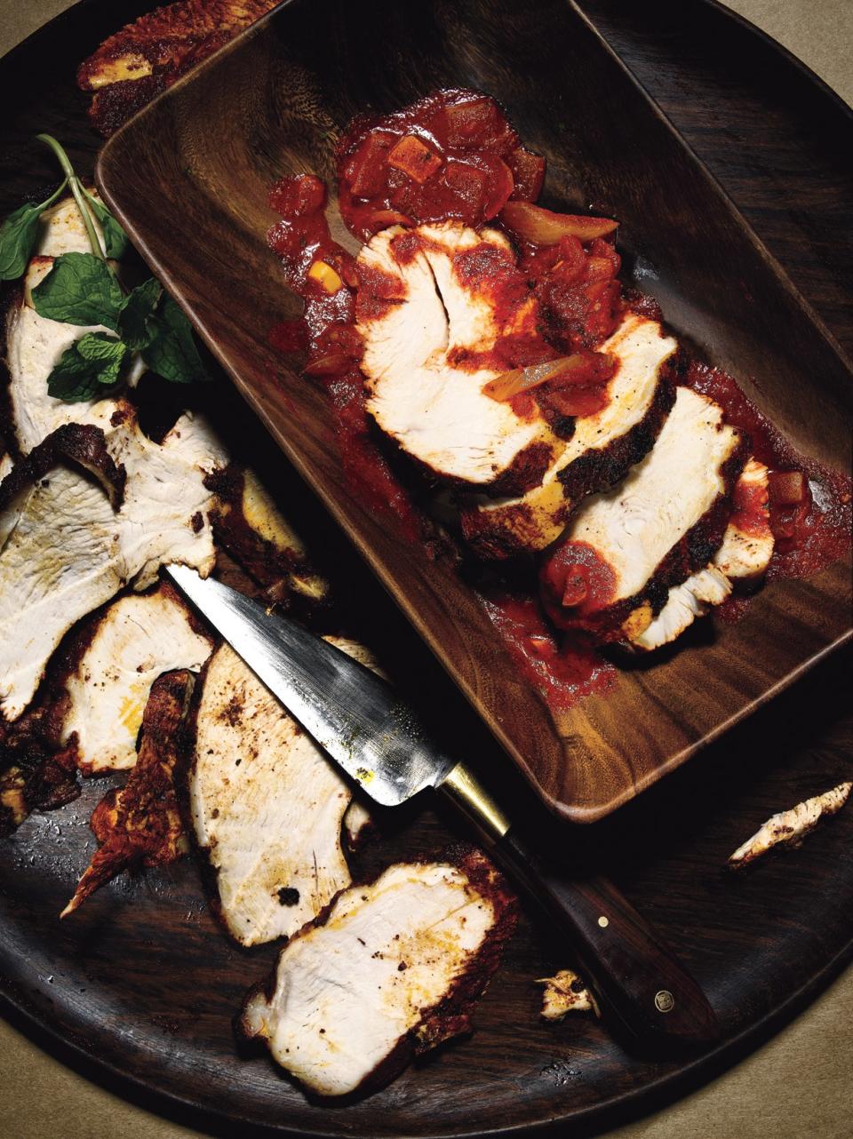 Achiote-Grilled Turkey Breast with Tomatoes, Chiles, and Mint