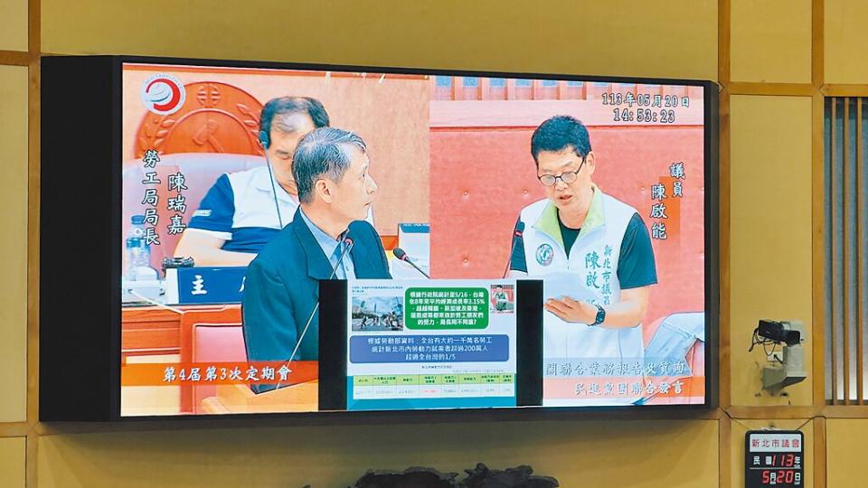 民進黨新北市議員陳啟能建議勞工局，針對資本額5000萬或員工300人以上的公司與工廠，漸進輔導設置職場友善托兒設施。（呂健豪攝）