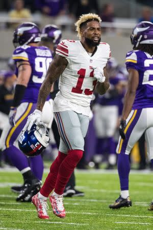 Oct 3, 2016; Minneapolis, MN, USA; New York Giants wide receiver Odell Beckham Jr. (13) argues a call during the second quarter against the Minnesota Vikings at U.S. Bank Stadium. Mandatory Credit: Brace Hemmelgarn-USA TODAY Sports