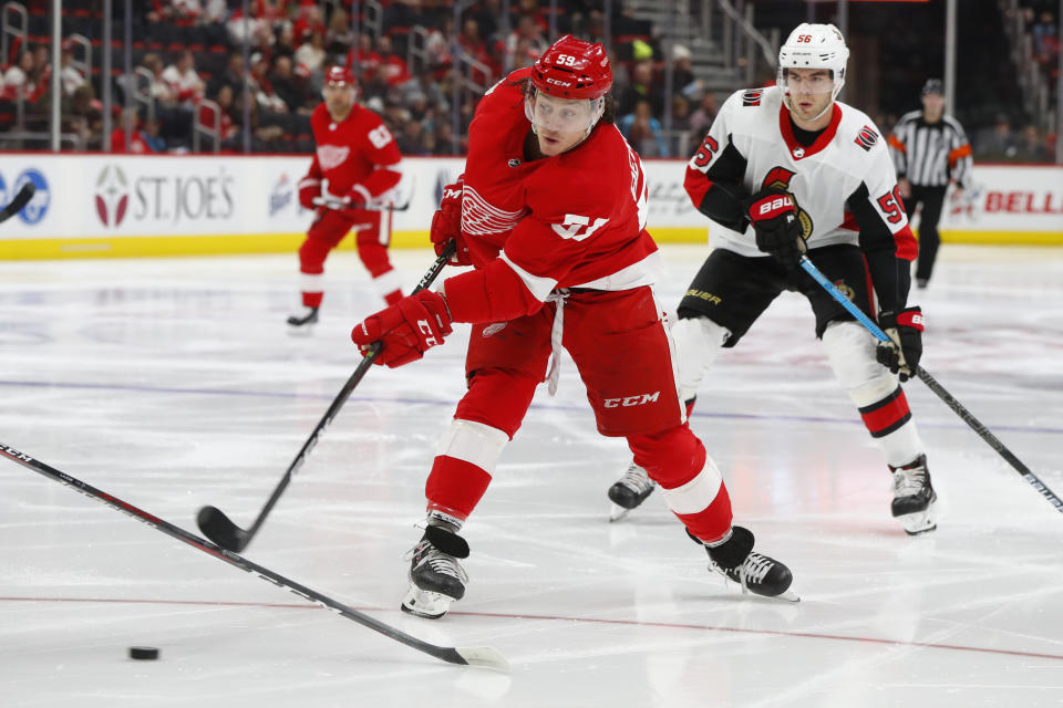 23-year-old Tyler Bertuzzi is making his mark alongside Detroit’s big names. (AP Photo/Paul Sancya)