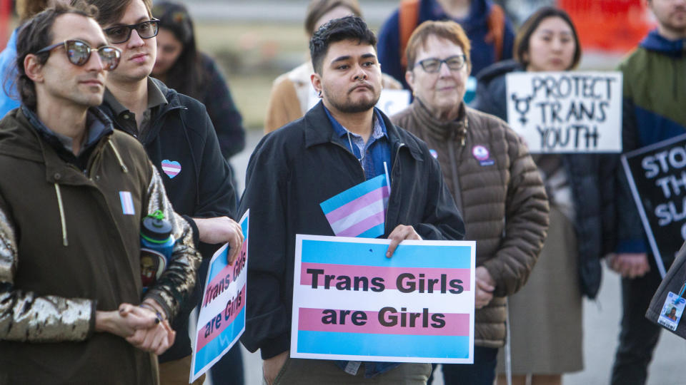 More than 100 people rallied at the Capitol in Boise, Idaho, in support of transgender students and athletes, on March 4, 2020.<span class="copyright">Katherine Jones—Idaho Statesman/Tribune News Service/Getty Images</span>