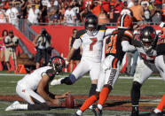 Tampa Bay Buccaneers kicker Chandler Catanzaro (7) kicks the 59-yard game-winning field goal in overtime during an NFL football game Sunday, Oct. 21, 2018, in Tampa, Fla. The Buccaneers won the game 26-23. (AP Photo/Chris O'Meara)