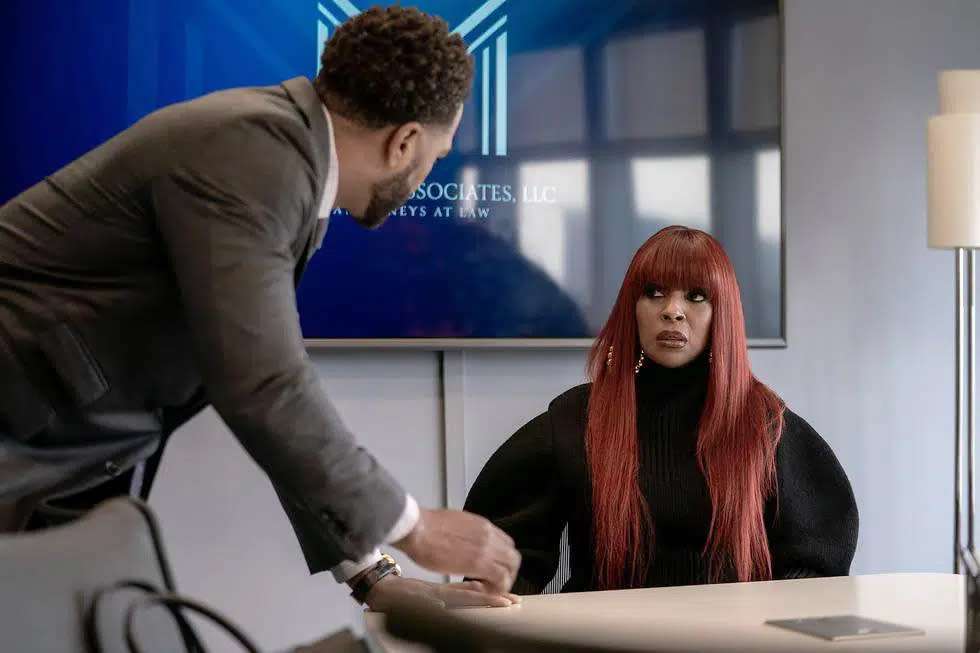 This image released by Starz shows Davis Maclean, portrayed by Method Man, left, and Mary J. Blige in a scene from “Power Book II: Ghost.” (Myles Aronowitz/Starz via AP)