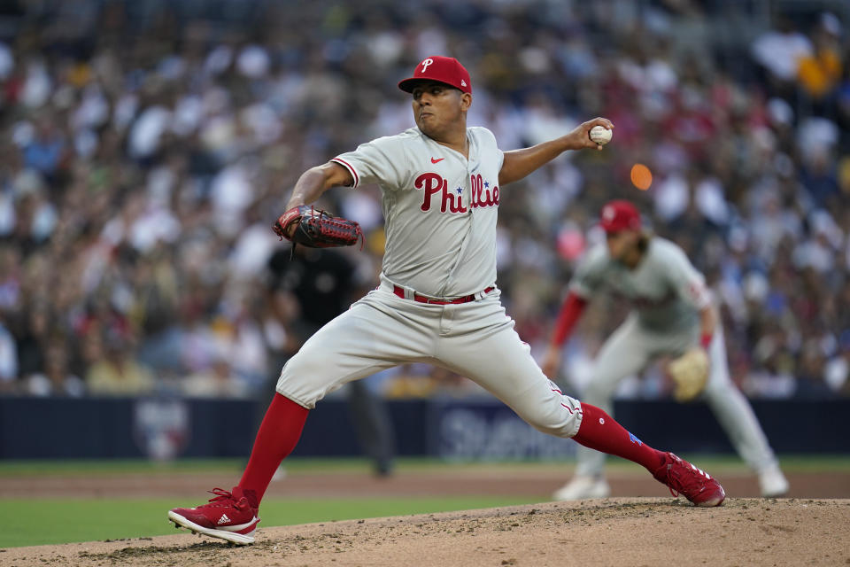 Philadelphia Phillies starting pitcher Ranger Suarez works against a San Diego Padres batter during the third inning of a baseball game Thursday, June 23, 2022, in San Diego. (AP Photo/Gregory Bull)