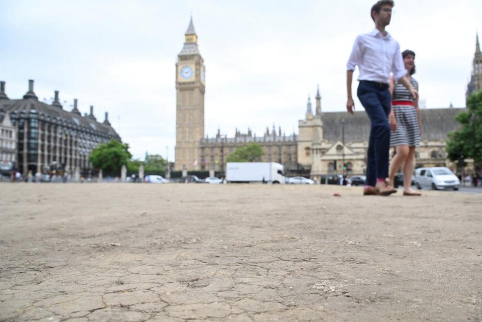 Cracked earth on Parliament Square on Tuesday as the hot weather continues (REUTERS)