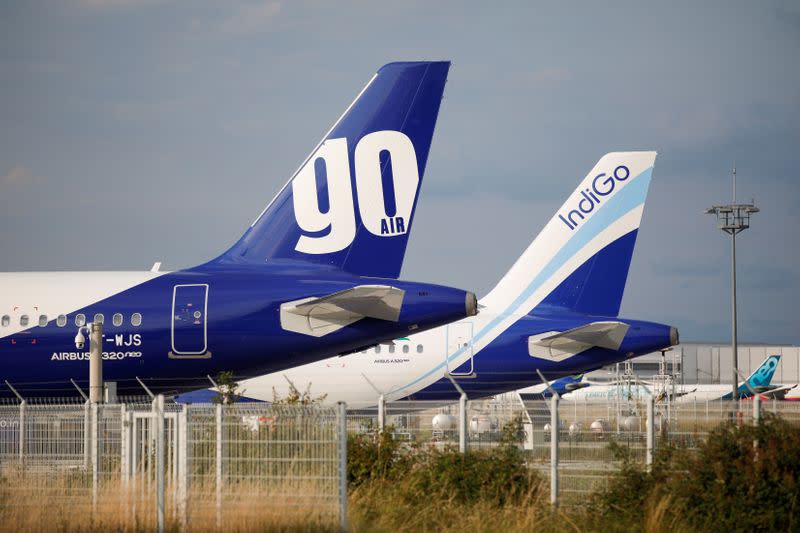 FILE PHOTO: A GoAir Airbus A320neo passenger aircraft is parked at the Airbus factory in Blagnac near Toulouse