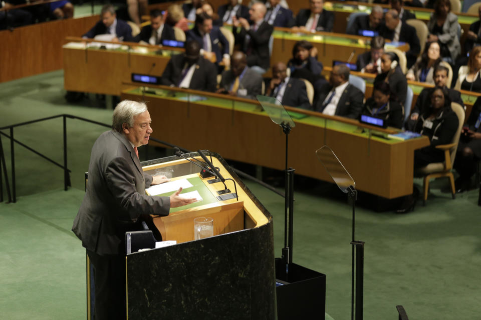 United Nations Secretary-General Antonio Guterres addresses the 74th session of the United Nations General Assembly at U.N. headquarters Tuesday, Sept. 24, 2019. (AP Photo/Seth Wenig)