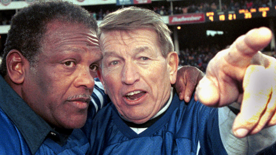 Mandatory Credit: Photo by Roberto Borea/AP/Shutterstock (6497423a)UNITAS MOORE Former Baltimore Colts quarterback Johnny Unitas, right, tells former Colt Lenny Moore what route to take as they prepare to run a ceremonial final play at Memorial Stadium in Baltimore, MdJOHNNY UNITAS, BALTIMORE, USA.