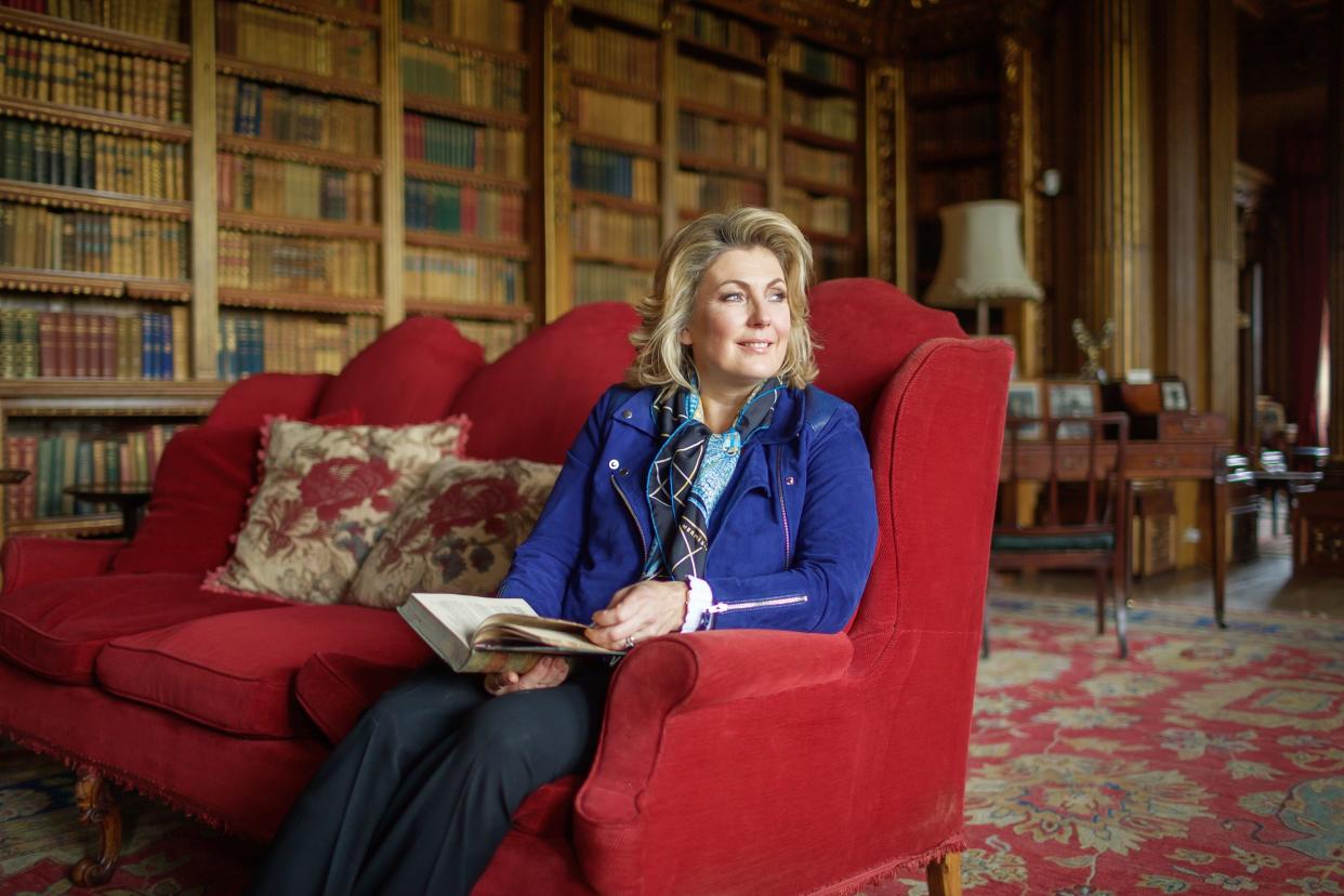 Fiona, Lady Carnarvon in the library at Highclere Castle, which has served as the setting for 'Downton Abbey.'