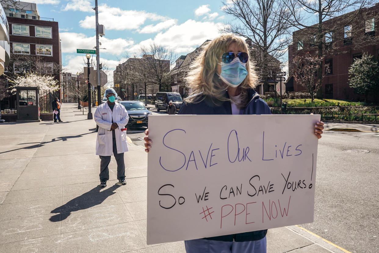 Montefiore Medical Center nurses call for N95 masks and other critical PPE to handle Covid-19 on April 1, 2020, in New York. (Bryan R. Smith / AFP via Getty Images file)