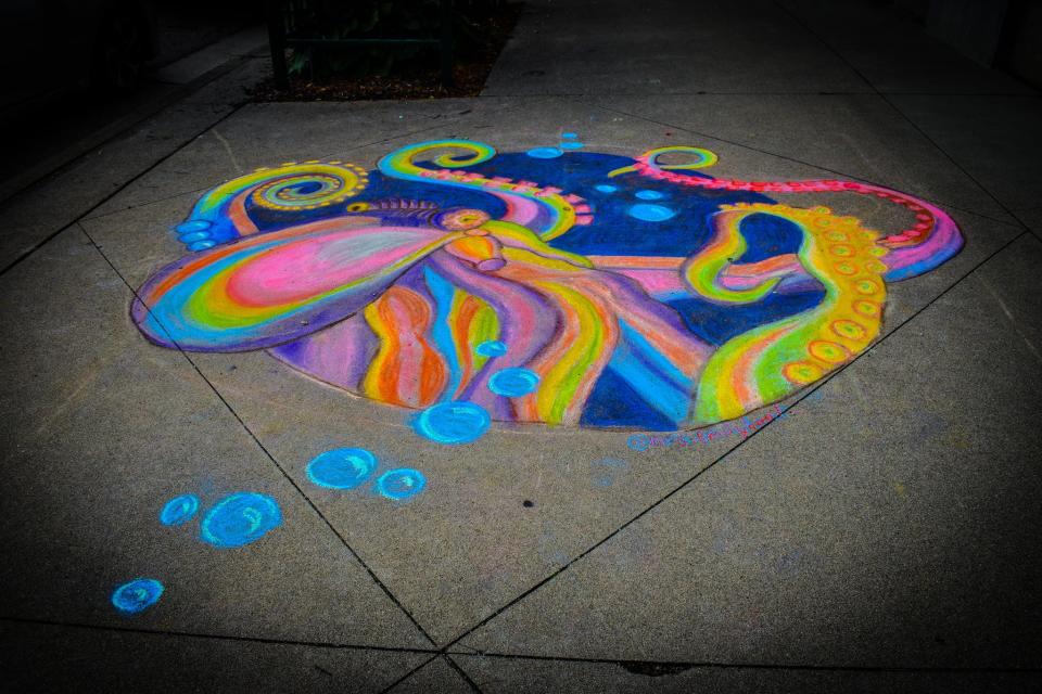 Emily Hunt, of Tecumseh was the winning artist in 2021 during the chalk drawing portion of Tecumseh's annual Beach Party weekend event, with this piece.