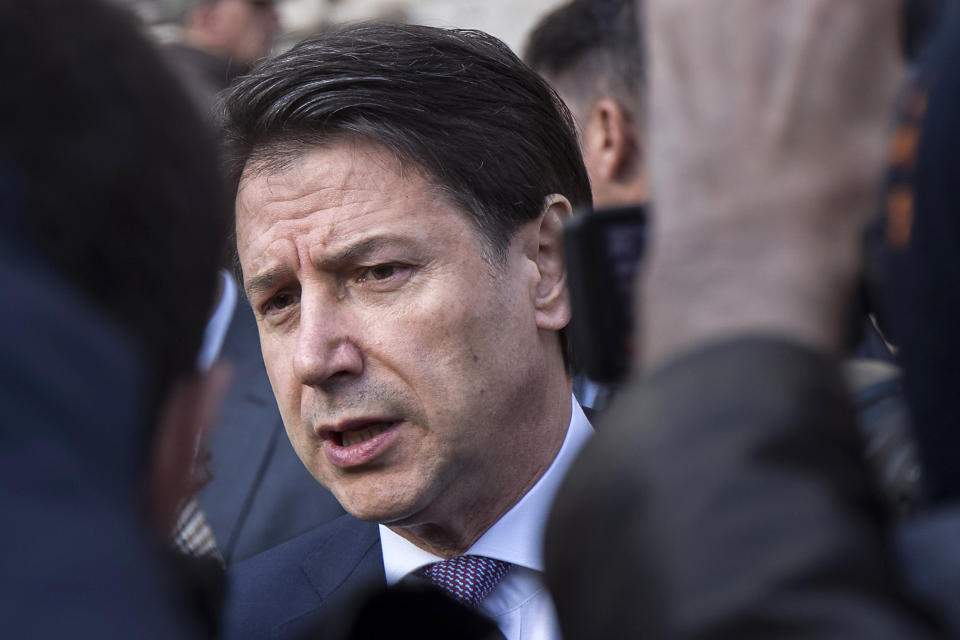 Italian Premier Giuseppe Conte speaks to reporters about the regional elections in Emilia Romagna outside the premier's office Chigi palace, in Rome, Monday, Jan. 27, 2020. Italian voters thwarted right-wing opposition leader Matteo Salvini's hopes of turning an election in a key northern region into a springboard for regaining national power, nearly complete results showed Monday (Roberto Monaldo/LaPresse via AP)