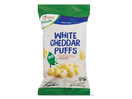 Green and beige bag of white cheddar puffs from Aldi