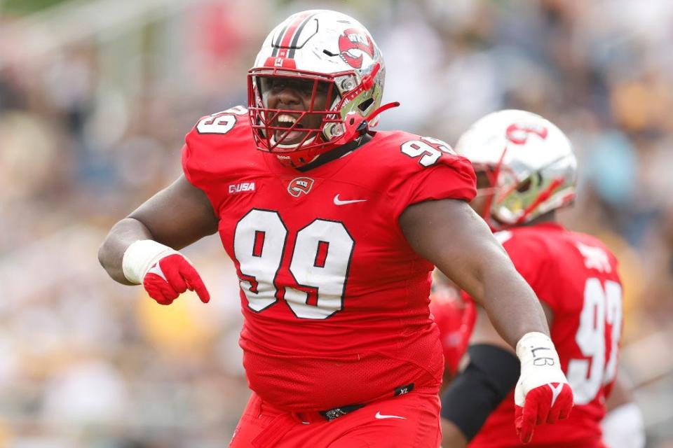 Brodric Martin of the Western Kentucky Hilltoppers celebrates a sack against Appalachian State during the second half of the RoofClaim.com Boca Raton Bowl at FAU Stadium on Dec. 18, 2021 in Boca Raton, Florida.