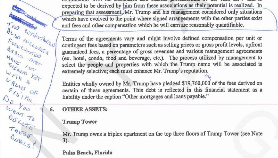 "Do you want to delete these deals?" Trump was asked in a hand-written note warning of $151 million in "forecasted" deals.