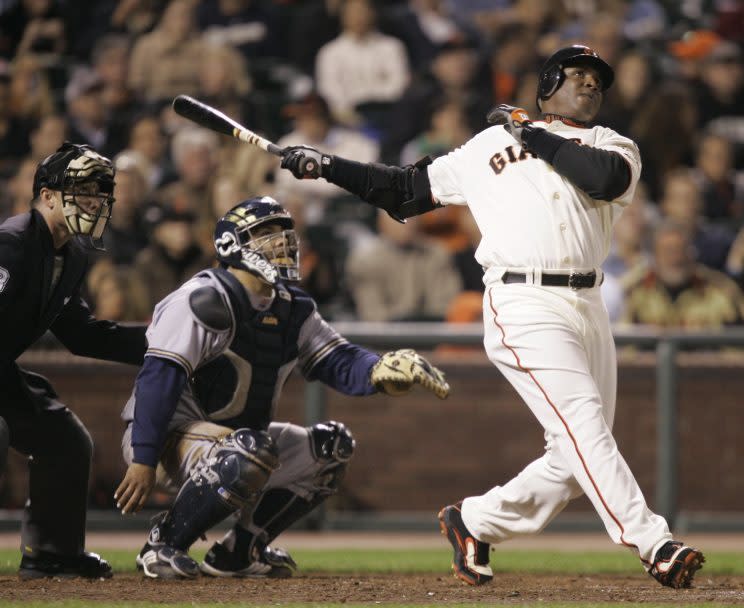 Barry Bonds of the San Francisco Giants hits a home run in an