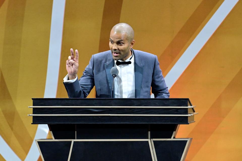 Tony Parker gives his speech as he is inducted into the Basketball Hall of Fame at Symphony Hall in Springfield, Massachusetts on Aug. 12, 2023.