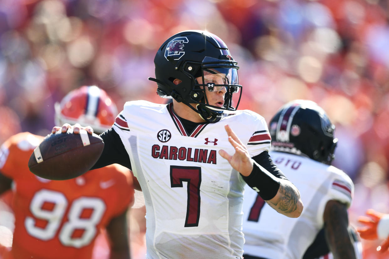 South Carolina quarterback Spencer Rattler throws a pass against Clemson at Memorial Stadium on November 26, 2022 in Clemson, South Carolina. (Photo by Eakin Howard/Getty Images)