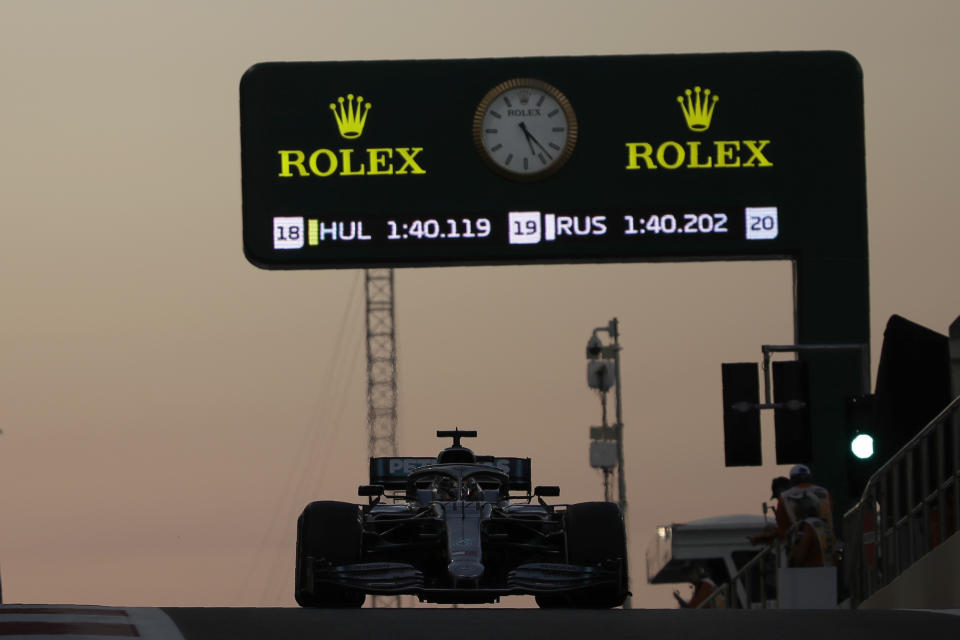 Mercedes driver Lewis Hamilton of Britain steers his car during the second free practice at the Yas Marina racetrack in Abu Dhabi, United Arab Emirates, Friday, Nov. 29, 2019. The Emirates Formula One Grand Prix will take place on Sunday. (AP Photo/Luca Bruno)