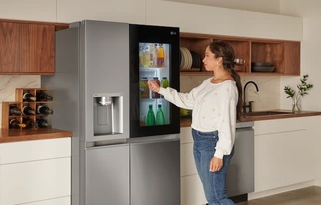 model in front of the fridge with a glass panel