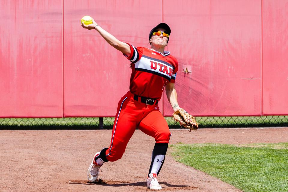 Utah infielder Haley Denning (3) throws the ball during the third game of the NCAA softball Super Regional between Utah and San Diego State at Dumke Family Softball Stadium in Salt Lake City on Sunday, May 28, 2023. | Ryan Sun, Deseret News