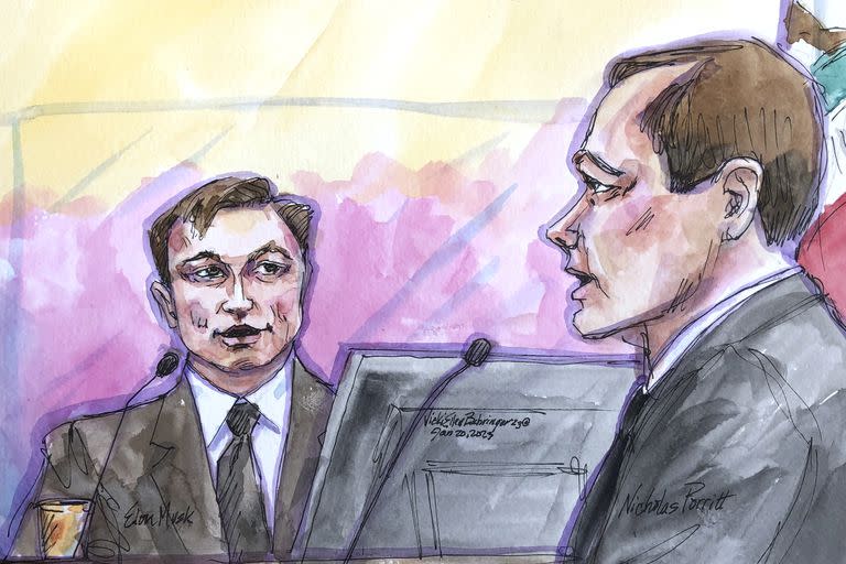 En este boceto de la sala del tribunal, Elon Musk, a la izquierda, con el abogado de los accionistas Nicholas Porritt, comparece el viernes 20 de enero de 2023 ante un tribunal federal en San Francisco. El lunes volvió a los tribunales para responder a la demanda que le hicieron accionistas de Tesla (Vicki Behringer vía AP)