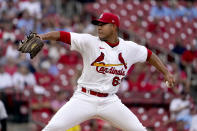 St. Louis Cardinals starting pitcher Jose Quintana throws during the first inning of a baseball game against the Colorado Rockies Tuesday, Aug. 16, 2022, in St. Louis. (AP Photo/Jeff Roberson)