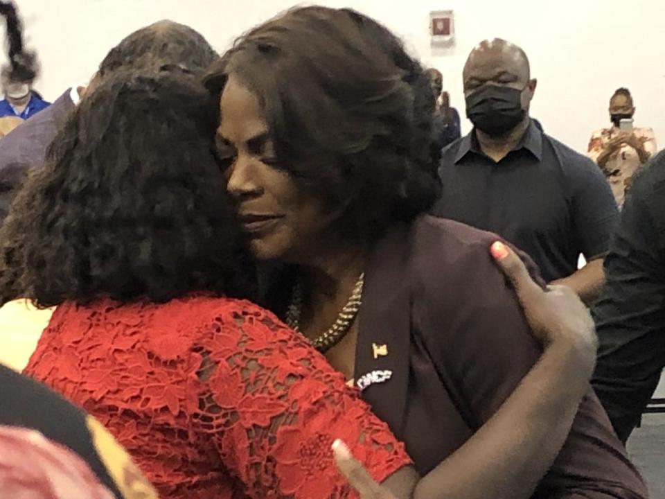 Val Demings hugs a supporter at a rally hosted by Volusia County Democrats in Deltona Saturday. Demings, a congresswoman from Orlando, is challenging incumbent U.S. Sen. Marco Rubio.