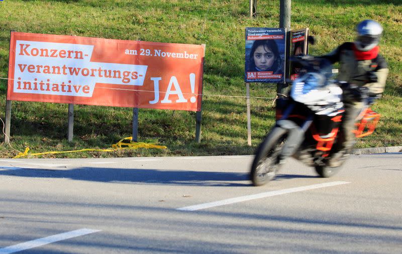 A banner reading: "Responsible Business Initiative - Yes on November 29" is seen near Stallikon