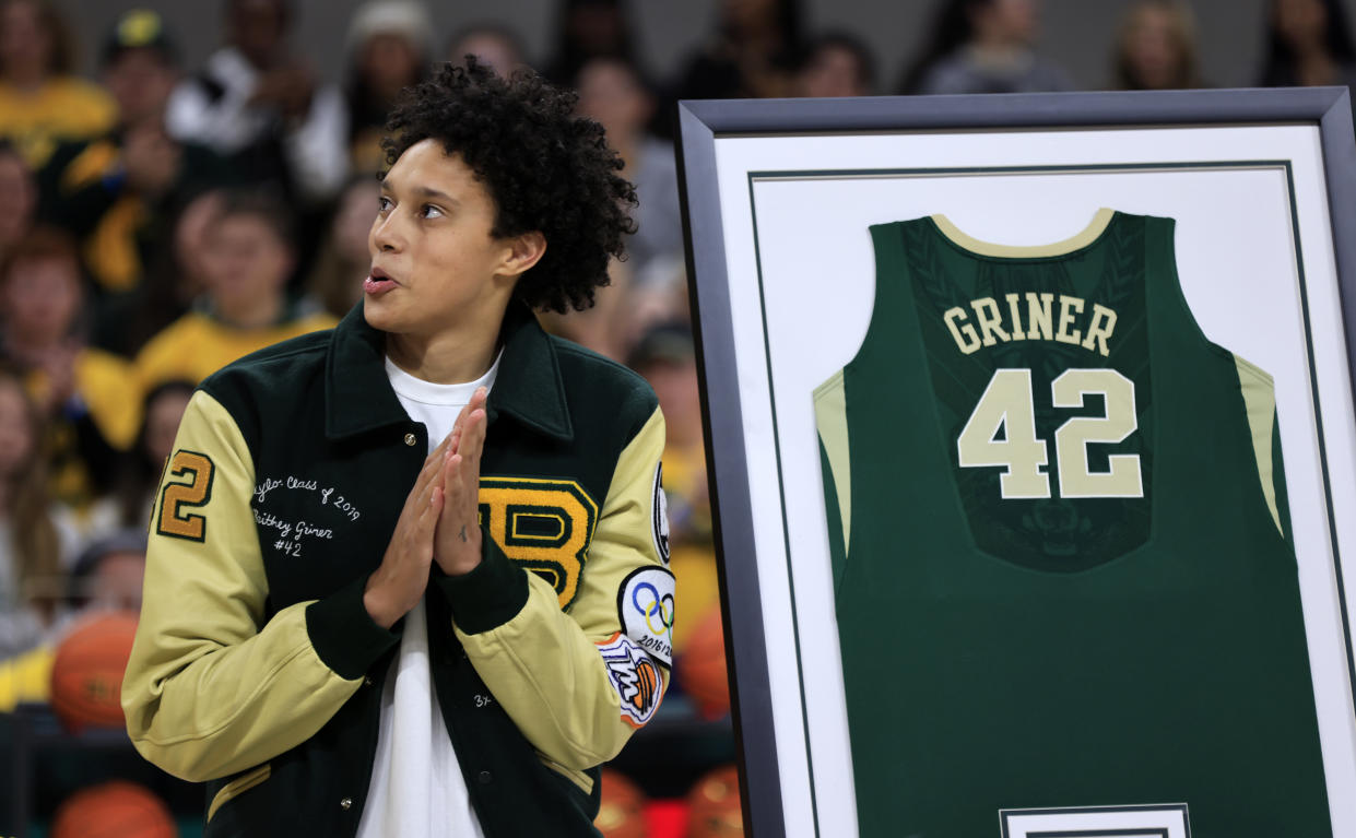 Brittney Griner watches as her Baylor jersey is retired. (Ron Jenkins/Getty Images)