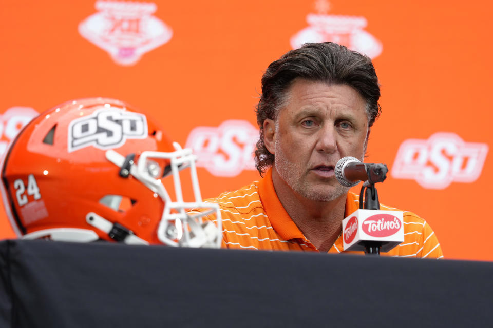 Oklahoma State head coach Mike Gundy speaks during the Big 12 NCAA college football media days in Las Vegas, Tuesday, July 9, 2024. (AP Photo/Lucas Peltier)