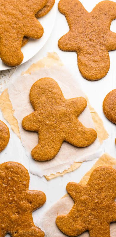 <p>Amy's Healthy Baking</p><p>A guilt-free recipe for classic cut-out gingerbread cookies. Full of the same traditional cozy flavors but no butter, refined flour or sugar!</p><p><strong>Get the recipe: <a href="https://amyshealthybaking.com/blog/2016/12/04/the-ultimate-healthy-gingerbread-cookies/" rel="nofollow noopener" target="_blank" data-ylk="slk:Ultimate Healthy Gingerbread Cookies;elm:context_link;itc:0;sec:content-canvas" class="link ">Ultimate Healthy Gingerbread Cookies</a></strong></p>