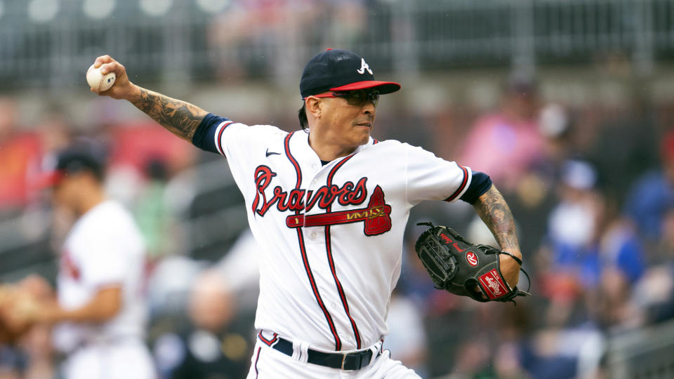 Atlanta Braves relief pitcher Jesse Chavez throws in the fifth inning of a baseball against the Miami Marlins, Sunday, Sept. 4, 2022, in Atlanta. (AP Photo/Hakim Wright Sr.)