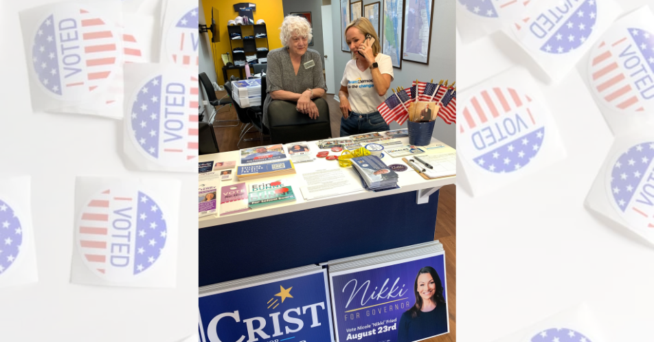 Primary Day phone work:  Janis Gregory, office manager, and  Pamela Castellana, chair of the Brevard Democrats, are pictured at the party's office early Tuesday.