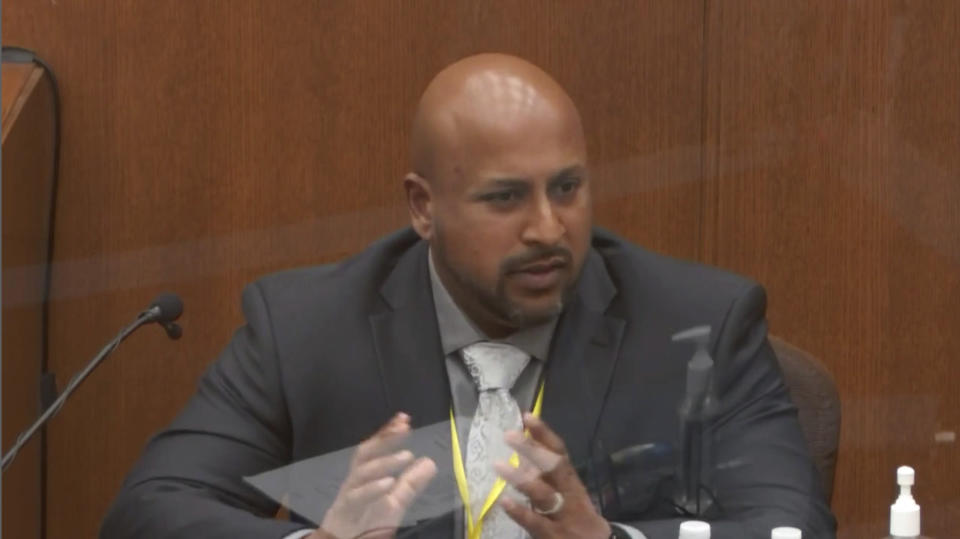 In this image from video, witness Senior Special Agent James Reyerson of the Minnesota Bureau of Criminal Apprehension testifies as Hennepin County Judge Peter Cahill presides Wednesday, April 7, 2021, in the trial of former Minneapolis police Officer Derek Chauvin at the Hennepin County Courthouse in Minneapolis. Chauvin is charged in the May 25, 2020 death of George Floyd. (Court TV via AP, Pool)