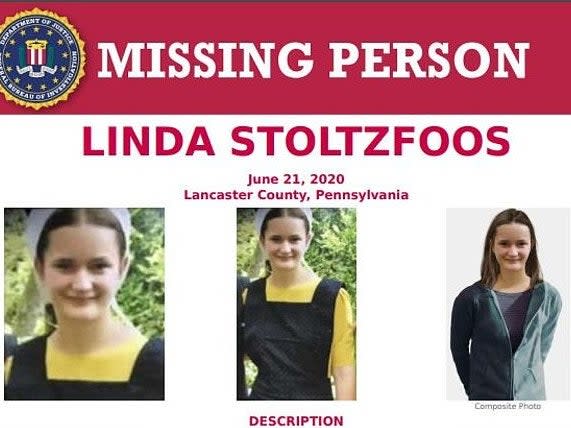 An FBI missing person flier regarding missing Amish teen Linda Stoltzfoos: FBI