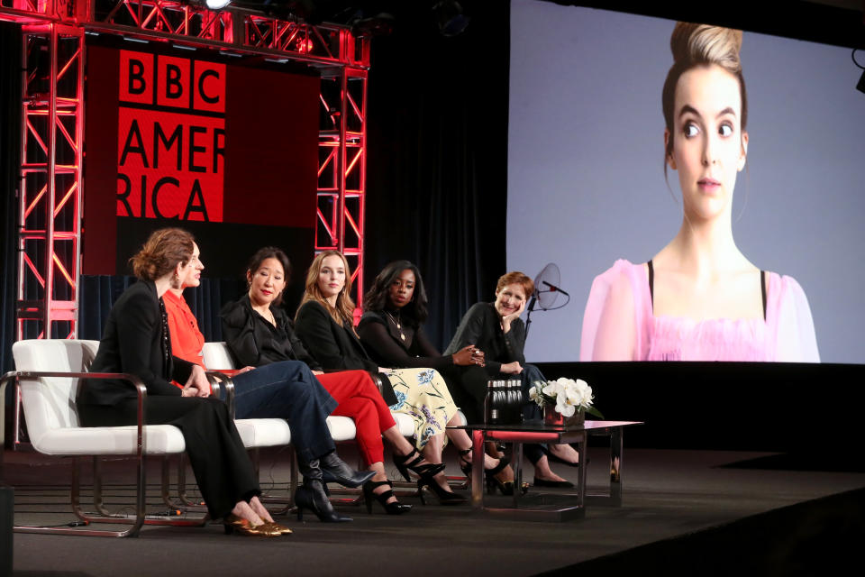 Executive producer Sally Woodward Gentle, writer/executive producer Phoebe Waller-Bridge, and actors Sandra Oh, Jodie Comer, Kirby Howell-Baptiste, and Fiona Shaw of Killing Eve