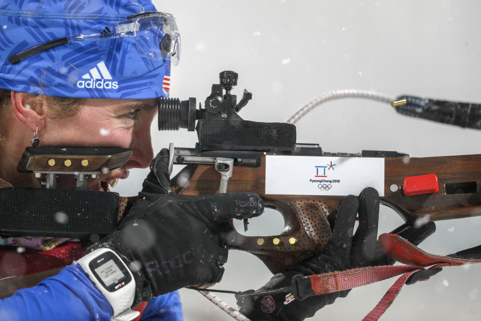 Susan Dunklee, of United States of America, shoots during the women’s 4×6-kilometer biathlon relay at the 2018 Winter Olympics in Pyeongchang, South Korea, Thursday, Feb. 22, 2018. (AP Photo/Andrew Medichini)