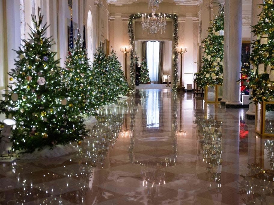 The Cross Hall of the White House decorated for Christmas