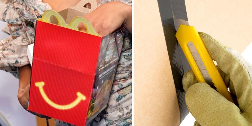 Symbolfoto von einem Happy Meal und einer Person, die einen Teppichmesser benutzt. - Copyright: Erik Voake/JoKMedia/Getty Images