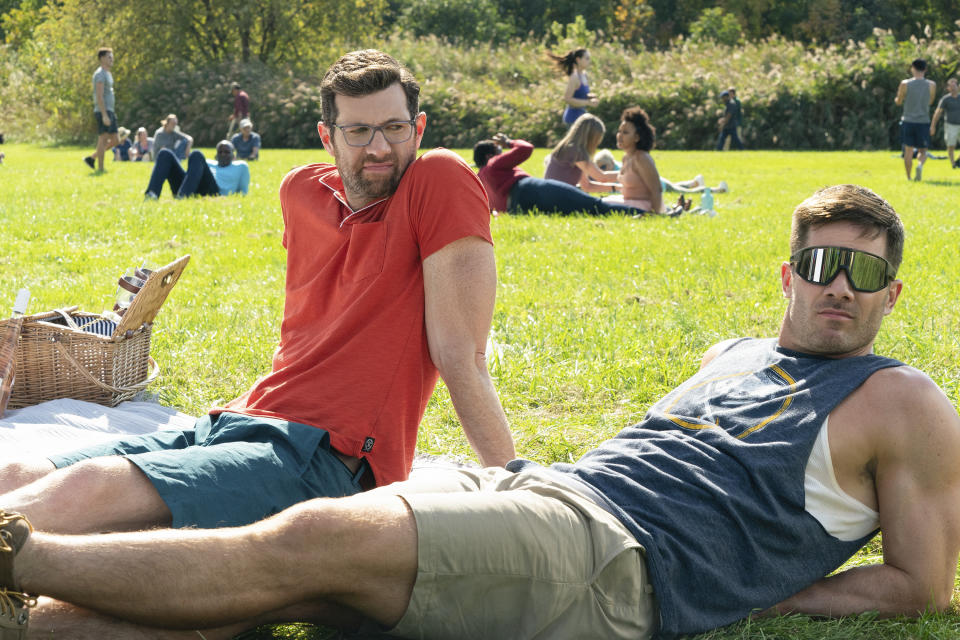 This image released by Universal Pictures shows Luke Macfarlane, right, and Billy Eichner in a scene from "Bros." (Nicole Rivelli/Universal Pictures via AP)