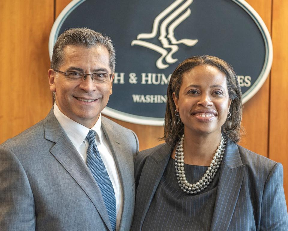 U.S. Department of Health and Human Services Secretary Xavier Becerra after swearing in Chiquita Brooks-LaSure earlier this year as administrator of the Centers for Medicare and Medicaid Services