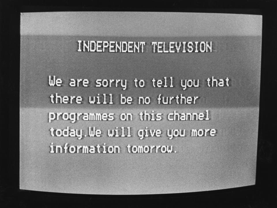 An apology caption broadcast by ITV during a strike over pay in 1979. The network was shut down from 10th August until 24th October after industry technicians’ pay demands were met