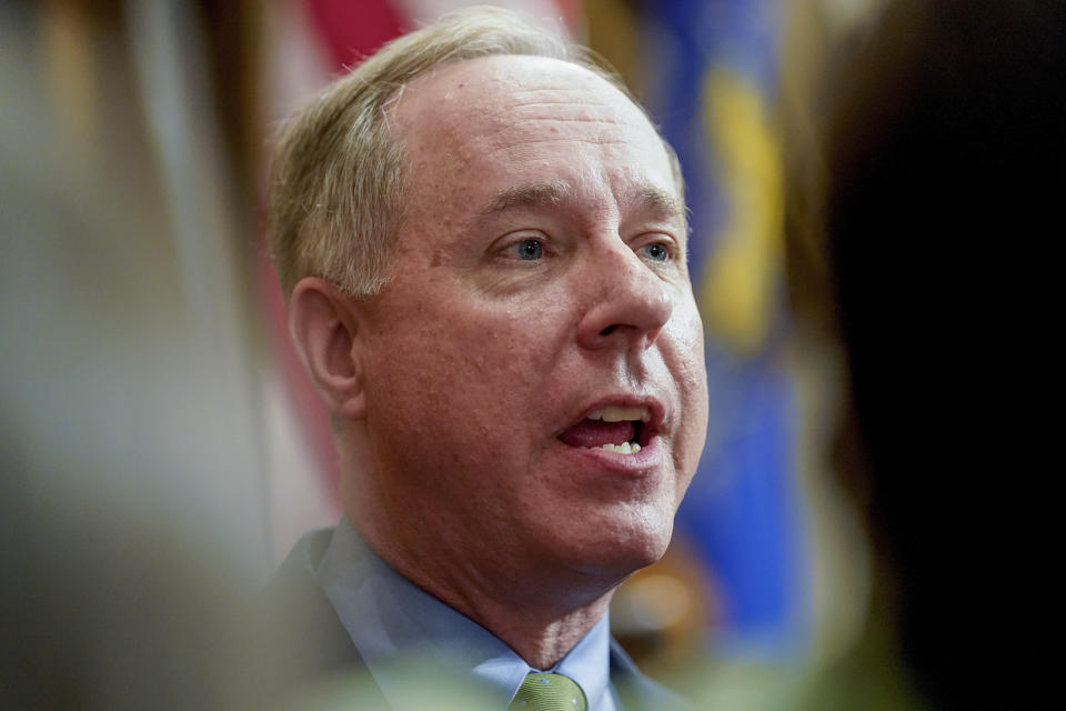 FILE - Wisconsin's Republican Assembly Speaker Robin Vos talks to the media after Gov. Tony Evers' State of the State speech at the state Capitol, Feb. 15, 2022, in Madison, Wis. Wisconsin Republican lawmakers on Tuesday, Sept. 12, 2023, proposed a nonpartisan redistricting plan they want to enact ahead of the 2024 election to preempt the liberal-controlled state Supreme Court from tossing the current GOP-drawn maps. (AP Photo/Andy Manis, File)