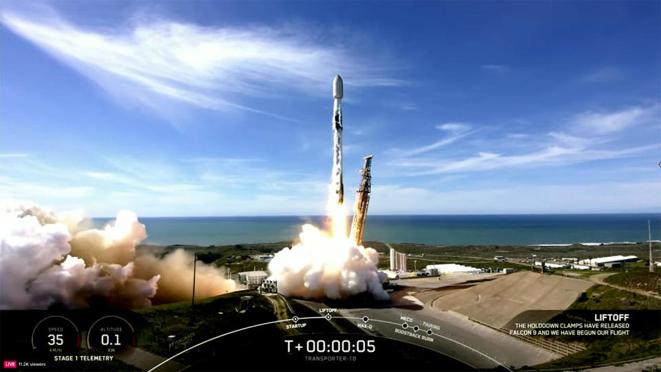 A Falcon 9 blasts off from Vandenberg Space Force Base northwest of Los Angeles carrying 53 