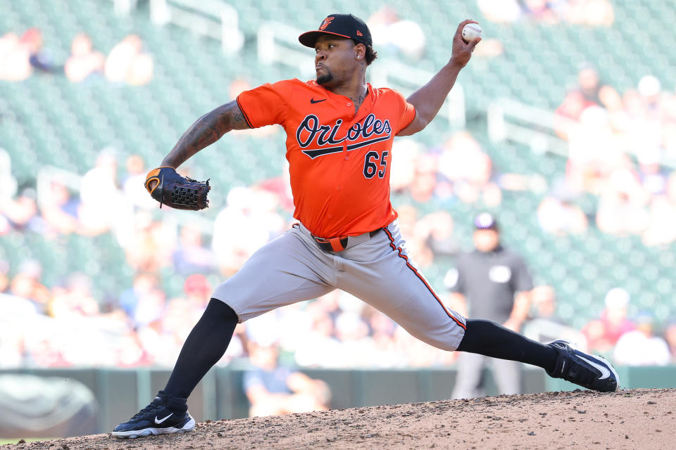 Sep 29, 2024; Minneapolis, Minnesota, USA; Baltimore Orioles relief pitcher Gregory Soto (65) delivers a pitch against the Minnesota Twins during the seventh inning at Target Field. Mandatory Credit: Matt Krohn-Imagn Images