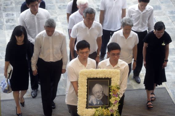 Family members of Lee Kuan Yew at his state funeral on 29 March 2015, second row left to right: Lee Suet Fern, Lee Hsien Yang, Lee Hsien Loong, Ho Ching and Lee Wei Ling. (File photo: AP)